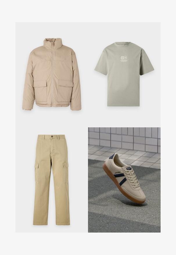 Beige επενδυμένο σακάκι με ψηλό γιακά, μπροστινό φερμουάρ και δύο μεγάλες θήκες με καπάκι. Λείο υλικό και ελαφρώς υπερμεγέθης σχεδίαση.; Ανοιχτό γκρι κοντομάνικο μπλουζάκι με άσπρο λογότυπο "Creative Works" και γραφικό με σφαίρα στο κέντρο του στήθους, σχεδίαση με στρογγυλή λαιμόκοψη.; Μπεζ cargo παντελόνια φτιαγμένα από βαμβάκι, με δύο πλάγιες τσέπες, κουμπί κλεισίματος και ίσια πόδια με ελαφρώς υφαντό ύφασμα.; Μπεζ αθλητικά παπούτσια με υφή, ναυτικά ρίγες και καουτσούκ σόλα. Διαθέτουν επενδεδυμένη γλώσσα και παραδοσιακό σύστημα δεσίματος για σφιχτή εφαρμογή.