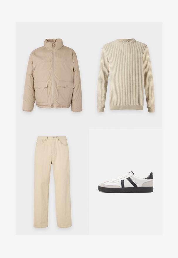 Beež fliisjakker, millel on kõrge krae, esiküljel lukuga ja kaks suurt klapiga taskut. Sile tekstuur ja veidi ülev suurus.; Only & Sons ONSBRANT CREW KNIT - Trükipildiga T-särk - beige; Beezist puuvillased sirged teksad nööbiga, viie taskuga ja diskreetse tikandiga. Sile tekstuur ja minimaalne detail.; Valged tossud mustade ja hallide aktsentidega, tekstureeritud halli varbakattega, musta kummitald ja lamedad valged paelad. Puhtad jooned, minimalistlik stiil.