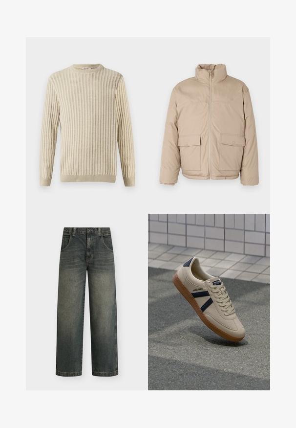Beige επενδυμένο σακάκι με ψηλό γιακά, μπροστινό φερμουάρ και δύο μεγάλες θήκες με καπάκι. Λείο υλικό και ελαφρώς υπερμεγέθης σχεδίαση.; Only & Sons ONSBRANT CREW KNIT - Μπλουζάκι με στάμπα - beige; Τζιν παντελόνι με φαρδιά μπατζάκια σε σκούρο ντένιμ με ξεβαμμένο εφέ, πέντε τσέπες και κλείσιμο με κουμπί· διαθέτει αντίθετη ραφή και ίσια ρέλια.; Μπεζ αθλητικά παπούτσια με υφή, ναυτικά ρίγες και καουτσούκ σόλα. Διαθέτουν επενδεδυμένη γλώσσα και παραδοσιακό σύστημα δεσίματος για σφιχτή εφαρμογή.