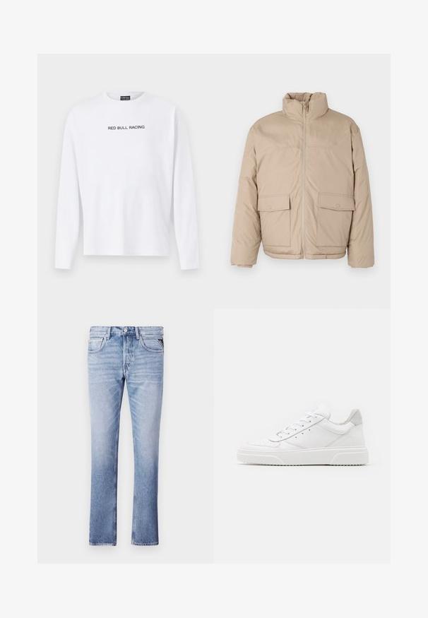 Beige gewatteerde jas met een hoge kraag, doorlopende rits en twee grote klepzakken. Soepele textuur en een licht oversized ontwerp.; Witte lange mouw t-shirt van katoen, met "RED BULL RACING" in het zwart over de borst gedrukt. Ronde hals, relaxte pasvorm.; Lichtblauwe denim jeans met een rechte pijpdesign, vijf zakken en zichtbare stikseldetails. Fluweelzachte textuur en klassieke pasvorm.; Witte leren sneakers met een gladde afwerking, ronde neus, platte veters en een gestructureerde zool. Grijze suède accent bij de hiel.
