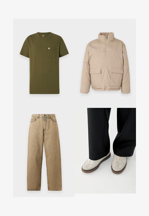 Beige polstret jakke med høj krave, frontlynlås og to store klaplommer. Glat tekstur og en let oversized design.; Olivengrøn bomulds t-shirt med rund hals, korte ærmer og en venstre brystlomme med et lille mærkelabel. Glat tekstur.; Tan denim jeans med lige ben-design, der har lynlås, bæltesløjfer og kontraststing. Ingen bemærkelsesværdige mønstre eller hardwaredetaljer.; Fødder iført beige sneakers med brune såler og sorte bukser med vide ben på hvid baggrund.