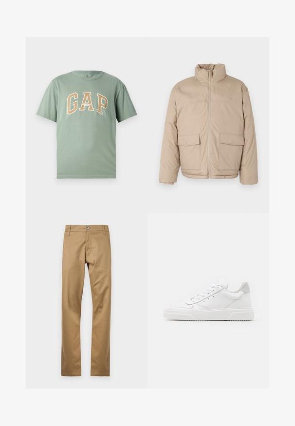 Beige gepolsterte Jacke mit hohem Kragen, Frontreißverschluss und zwei großen Klappen-Taschen. Glatte Textur und leicht oversized Design.; Grünes Baumwoll-T-Shirt mit einem großen weißen und beigen "GAP"-Logo. Kurze Ärmel und ein runder Ausschnitt mit glatter Textur.; Beige Baumwollhose mit geradem Bein, ausgestattet mit einem vorderen Knopfverschluss, Gürtelschlaufen und Seitentaschen. Glatte Textur.; Weiße Leder-Sneaker mit glatter Oberfläche, rundem Zehenbereich, flachen Schnürsenkeln und strukturiertem Schuhsohlen. Graues Wildleder-Detail an der Ferse.