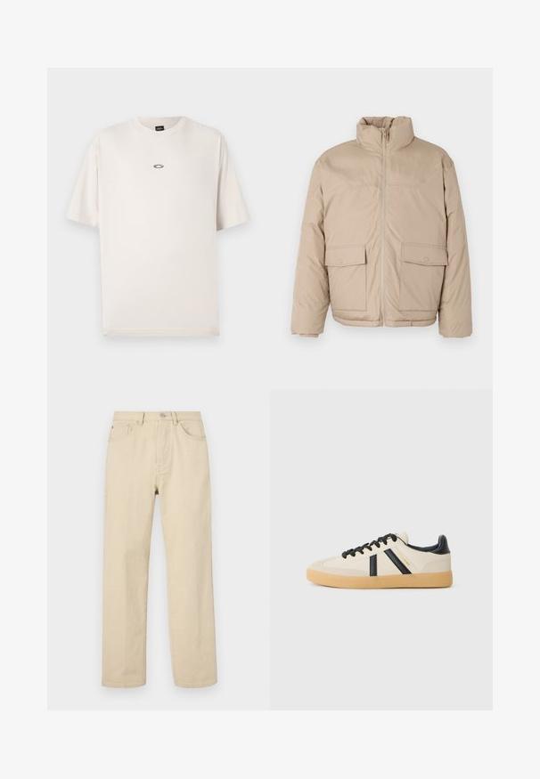 Chaqueta acolchada beige con cuello alto, cierre delantero y dos grandes bolsillos con solapa. Textura suave y diseño ligeramente oversize.; Oakley RISE TEE - Camiseta básica - mist; Pantalones vaqueros de algodón beige de pierna recta con cierre de botón, cinco bolsillos y costuras sutiles. Textura suave y detalles mínimos.; Zapatillas casuales en crema con rayas negras, con parte superior texturizada y suela de goma. Los cordones son negros. Logo sutil en el costado.