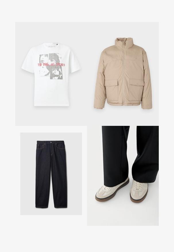 Beige polstret jakke med høj krave, frontlynlås og to store klaplommer. Glat tekstur og en let oversized design.; Hvid bomulds T-shirt med et grafisk print af ansigter og teksten "THE ROLLING STONES" i rød. Rund hals og korte ærmer.; Mørke denim jeans med lige pasform, der har en knap- og lynlås-lukning, to frontlommer og kontrastfarvet orange syning.; Fødder iført beige sneakers med brune såler og sorte bukser med vide ben på hvid baggrund.