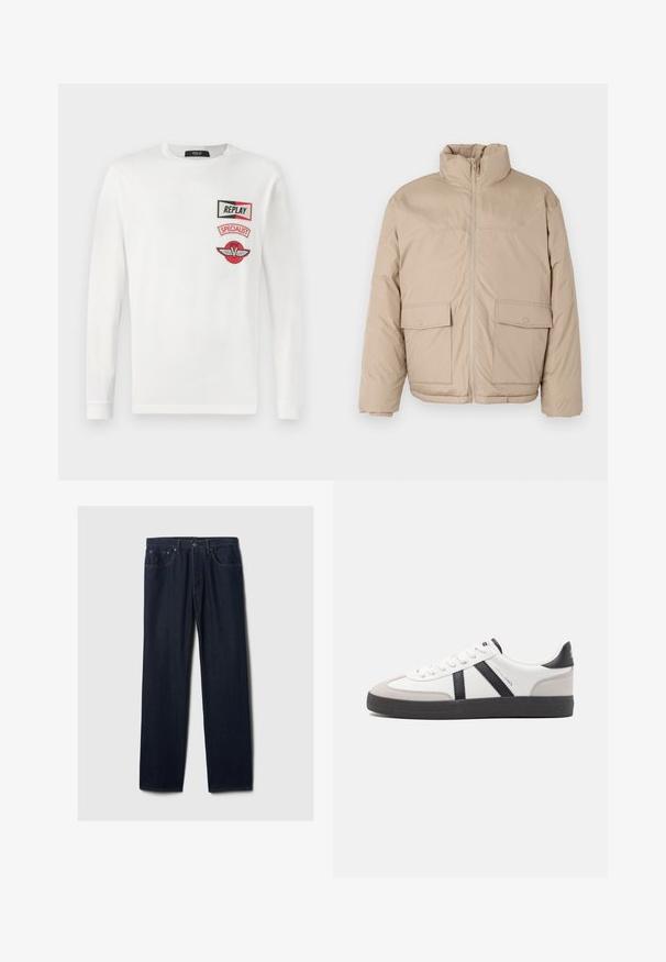 Beige gewatteerde jas met een hoge kraag, doorlopende rits en twee grote klepzakken. Soepele textuur en een licht oversized ontwerp.; Witte langesleeve shirt met drie rode en zwarte patches op de linkerkant van de borst: "REPLAY," "SPECIALIST," en een vleugellogo van V.; Donkerblauwe rechte spijkerbroek met vijf zakken, knoopsluiting en zichtbare stiksels op een effen lichte achtergrond.; Witte sneaker met zwarte en grijze accenten, voorzien van een grijze neus met textuur, zwarte rubberen zool en platte witte veters. Schoon ontwerp, minimalistische stijl.