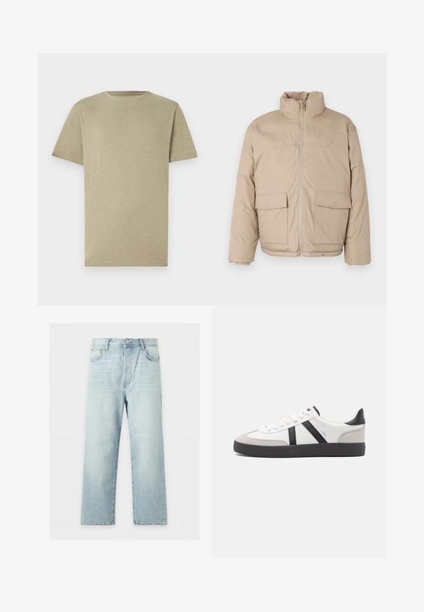Beige gepolsterte Jacke mit hohem Kragen, Frontreißverschluss und zwei großen Klappen-Taschen. Glatte Textur und leicht oversized Design.; Helles Khaki-T-Shirt, kurze Ärmel, Rundhalsausschnitt, weiche Textur, glatter Stoff, ohne Muster oder Akzente, gerade geschnitten, neutrale Farbe.; Hellblaue Jeans mit weitem Bein, fünf Taschen, Knopf- und Reißverschluss sowie leicht ausgewaschenem Look, flach auf weißem Hintergrund liegend.; Weiße Sneaker mit schwarz- und grau-aczenten, ausgestattet mit einer strukturierten grauen Zehenkappe, schwarzer Gummi-Sohle und flachen weißen Schnürsenkeln. Sauberes Design, minimalistische Stil.