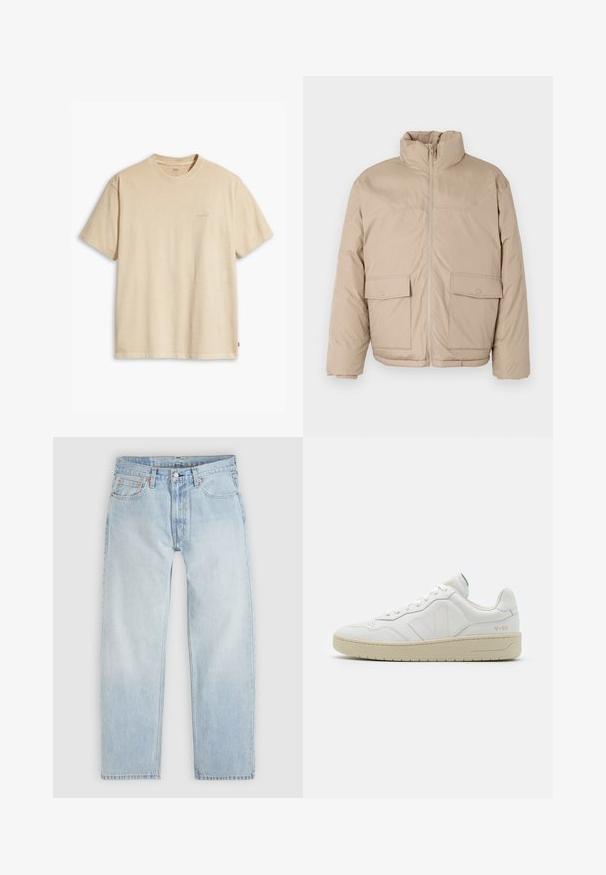 Beige polstret jakke med høj krave, frontlynlås og to store klaplommer. Glat tekstur og en let oversized design.; Beige bomulds t-shirt med rund hals og korte ærmer. Har et subtilt "Levi's" logo i samme farve på brystet. Blød tekstur.; Lyseblå denimjeans med en afslappet pasform, der har fem lommer, knaplukning og subtile orange syningsdetaljer.; Hvide lædersneakers med struktureret overflade og polstret krave. Har en beige gummisål og diskret branding på hælen og siden.