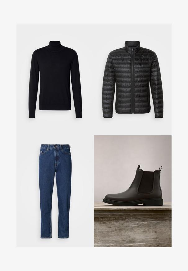 Veste en duvet noire avec une fermeture éclair à l'avant, un col haut et un motif matelassé horizontal. Dispose de poches latérales et d'une texture lisse et brillante.; Pull à col montant noir en tissu doux. Doté de manches longues, d'un col et de poignets côtelés, avec une texture lisse et sans motifs.; Jean bleu foncé en denim, avec une coupe droite, style cinq poches et des coutures apparentes le long des coutures.; Bottines Chelsea en cuir noir avec des panneaux élastiques sur les côtés et des languettes, flottant au-dessus d'un banc en bois en extérieur avec un fond d'herbe.