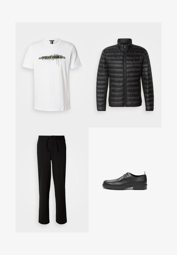Chaqueta acolchada negra con cierre delantero, cuello alto y patrón acolchado horizontal. Cuenta con bolsillos laterales y una textura suave y brillante.; Camiseta de algodón blanca con un atrevido logo negro "ANTONY MORATO" y toques de pintura verde en spray, cuello redondo y mangas cortas.; Pantalones de chándal negros con cinturilla ajustable, hechos de tela suave y elástica. Presentan un corte relajado con piernas rectas y sin bolsillos visibles.; Zapatos de cuero negro con un acabado suave, punta redondeada y costuras decorativas. Cuenta con una suela de goma con surcos para tracción y un diseño de cordones.