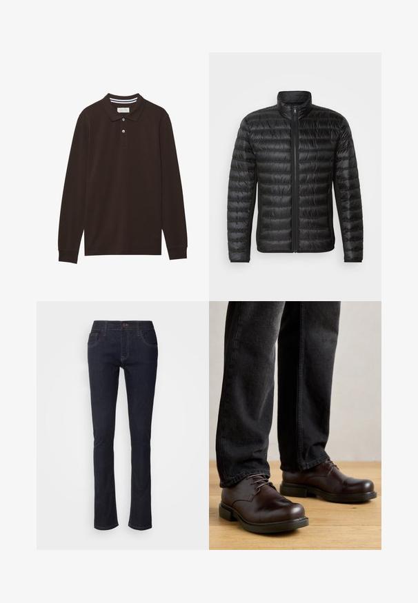 Chaqueta acolchada negra con cierre delantero, cuello alto y patrón acolchado horizontal. Cuenta con bolsillos laterales y una textura suave y brillante.; Camisa polo de manga larga en algodón marrón oscuro, con cuello, tapeta de tres botones y acentos de rayas blancas. Textura suave.; Jeans de mezclilla azul oscuro con corte recto, que cuentan con bolsillos frontales, cierre de botón y sutiles detalles de costura. Diseño clásico.; Zapatos de cuero marrón con puntera redondeada, diseño de cordones y suela de goma negra gruesa, combinados con pantalones de mezclilla oscuros.