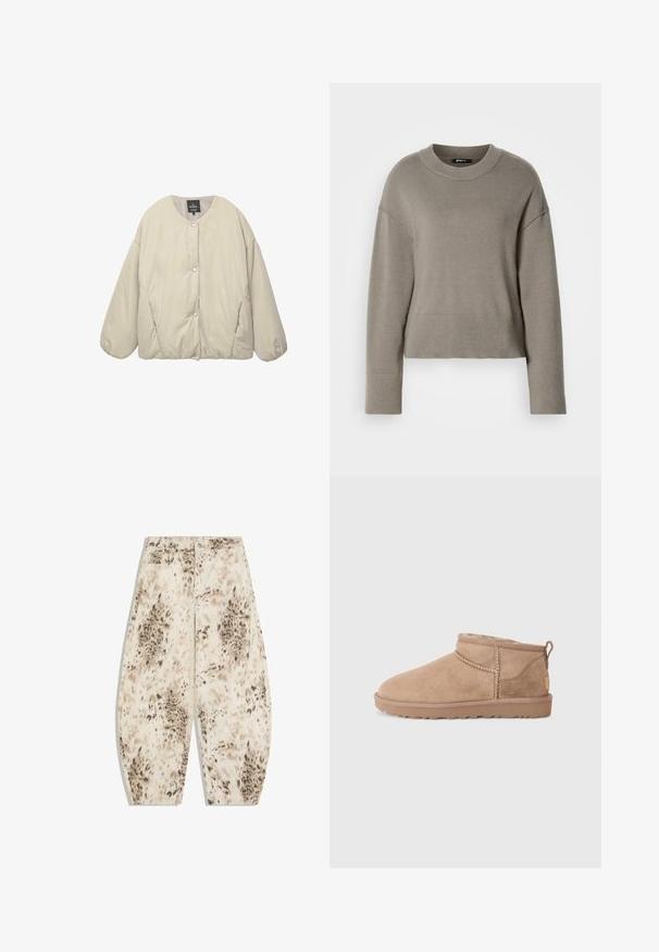 Veste matelassée beige clair avec encolure ronde, boutons-pression sur toute la longueur, manches longues bouffantes et poches latérales le long des coutures, présentée à plat sur fond blanc.; Pull cropped gris clair avec un col rond, des épaules tombantes et des poignets et ourlet côtelés. Texture douce, design simple.; Pantalon taille haute à jambes larges avec imprimé animal abstrait beige et marron, fermeture à boutons sur le devant et passants pour ceinture.; Bottines en daim marron avec un intérieur en douceur, un détail de couture et une semelle en caoutchouc texturée pour une meilleure adhérence. Une boucle à l'arrière pour un enfilage facile.