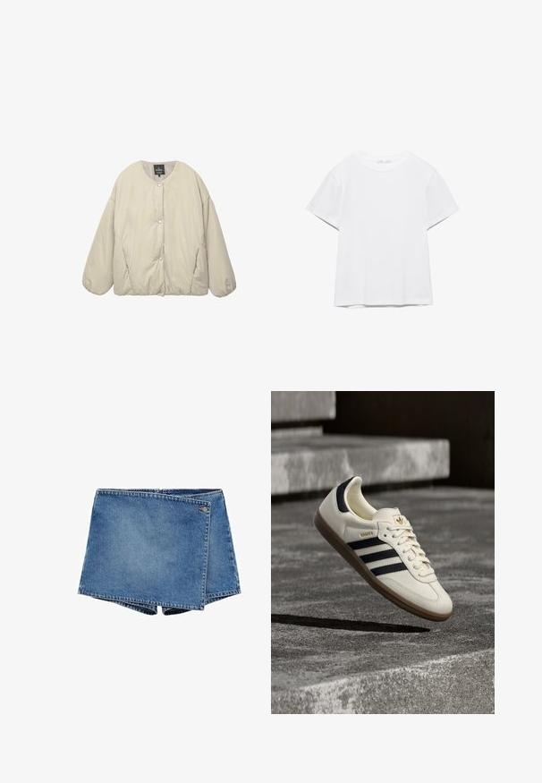 Lyse beige dunjakke med rund halsudskæring, karmknapper ned ad midten, lange puffede ærmer og sidelommer, vist fladt på hvid baggrund.; Hvid, kortærmet T-shirt med rund hals og lige kant, vist på en hvid baggrund.; Denimshorts i mellemblå med et unikt overlapningsdesign. Har en lynlåslukning og en lille logoaccent på taljen.; Hvid Adidas Samba sneaker med sorte striber og gummsål, svævende over teksturerede grå betonstrin.