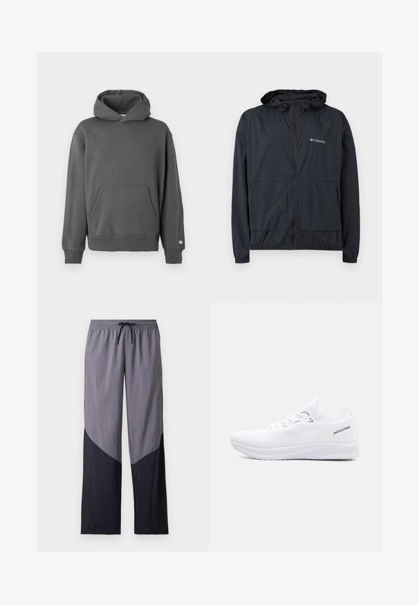 Zwarte Columbia jas met rits en capuchon, elastische manchetten en voorzakken, afgebeeld tegen een witte achtergrond.; Grijze pullover hoodie met een voorzak, geribde manchetten en een capuchon met trekkoord. Heeft subtiele logodetails op de borst.; Lichtgrijze en zwarte casual broek met colorblocking, een elastische tailleband en een zwarte trekkoord aan de voorkant.; Witte lage sneaker van gebreid materiaal met een gestructureerde zool, veters aan de voorkant en het "JACK & JONES" logo aan de zijkant van de hielkraag.