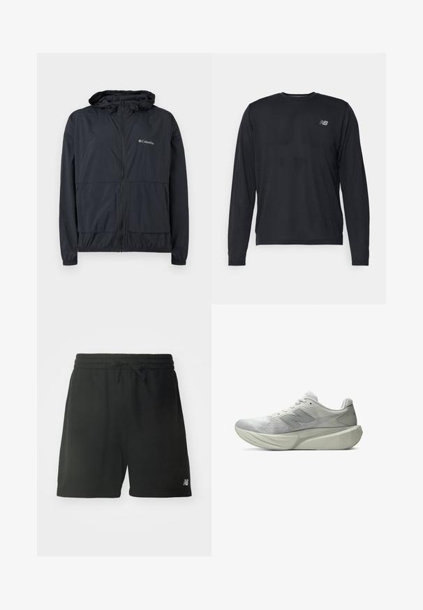 Schwarze Columbia Jacke mit Reißverschluss, Kapuze, elastischen Bündchen und Fronttaschen, vor weißem Hintergrund dargestellt.; Schwarzes, langärmliges Sportoberteil aus strukturiertem Stoff mit subtilen Perforierungen. Verfügt über ein kleines reflektierendes Logo auf der linken Brust.; Schwarze Baumwoll-Sportshorts mit elastischem Bund, verstellbarem Kordelzug und Logodetail am unteren linken Bein. Glatte Textur.; Hellgrauer Sportschuh mit dicker, geformter Sohle und gemustertem Obermaterial, mit einem stilisierten "N"-Logo an der Seite.