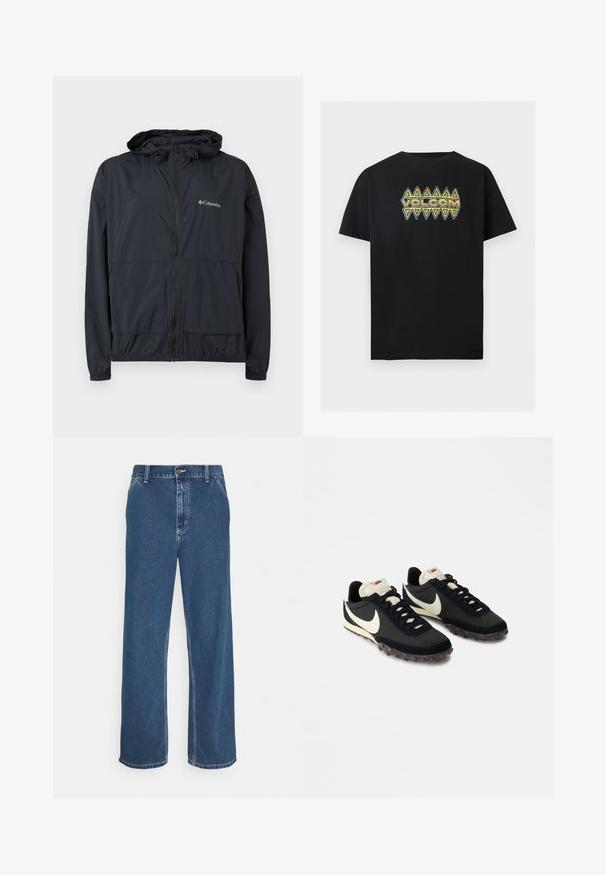 Sort Columbia hættejakke med lynlås, elastiske manchetter og forlommer, vist mod en hvid baggrund.; Sort t-shirt med korte ærmer med blåt og orange geometrisk trekantmønster og teksten "VOLCOM" centralt på brystet.; Blå denimjeans med lige pasform, fem-lomme design, metalknaplukning og synlig syning langs søm og kant.; Sorte sportssko med en struktureret overdel, hvid swoosh-logo og gummisål med små stik til trækkraft. Elfenbensfarvet krave.