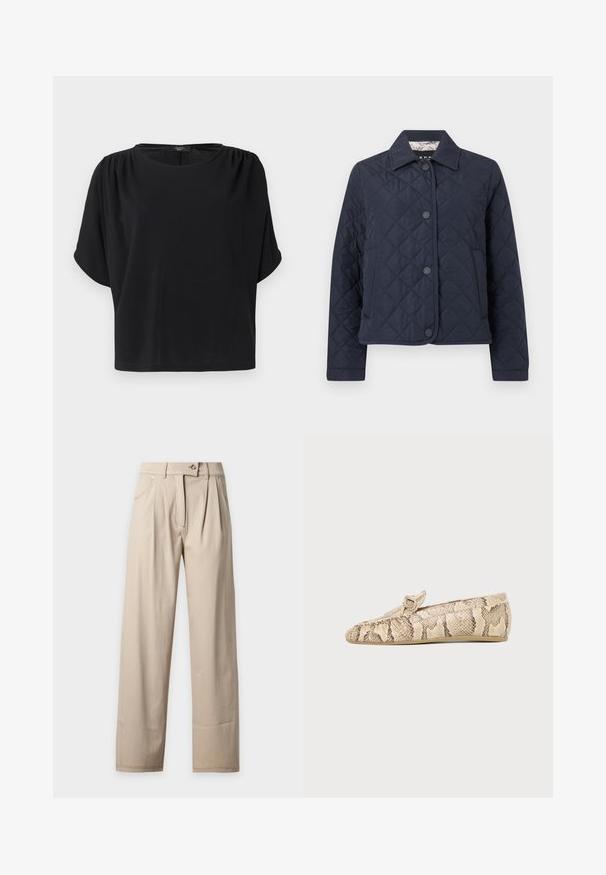 Veste matelassée bleu marine à manches longues, col et boutons-pression à l'avant, présentée sur un fond blanc.; Haut noir à manches courtes avec une coupe décontractée, un col rond et des détails froncés aux épaules, confectionné dans un tissu doux et léger.; Pantalon beige taille haute à jambes larges avec plis sur le devant, poches latérales, passants de ceinture et fermeture par bouton à la taille.; Mocassin plat beige et marron à motif peau de serpent avec une petite bride décorative sur le dessus, vu de côté.