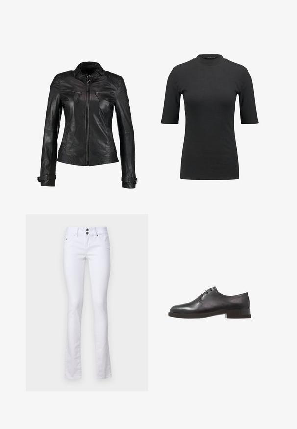 Maze RYANA - Leren jas - black; Zwarte geribbelde T-shirt met een hoge hals en korte mouwen. Gladde, aansluitende pasvorm zonder patronen of zichtbare hardwaredetails.; Witte flared jeans gemaakt van een katoenmix, met een sluiting met twee knopen, voorzakken en subtiele stikseldetails.; Zwarte leren dressshoe met een gladde afwerking, ronde neus en lage blokhak, met minimale vetersluiting voor een gestroomlijnde uitstraling.
