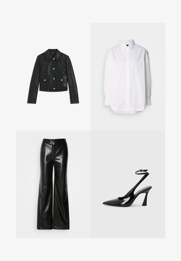 Zwarte cropped neplederen jas met lange mouwen, vier zilveren knopen aan de voorkant en twee klepzakken met knopen.; Witte lange mouwen shirt van katoen, met een button-down kraag, knopen aan de voorkant en een ontspannen pasvorm met subtiele stikdetails.; Zwarte leren wijde broek met een gladde textuur, hoge taille en een verborgen ritssluiting aan de voorkant. Tailored fit met een nette afwerking.; Zwarte gepatenteerde leren slingback pumps met een spitse neus, verstelbare enkelband en een gematigd blokhak. Gladde textuur met een glanzende afwerking.