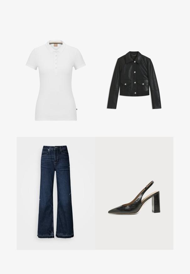 Zwarte cropped neplederen jas met lange mouwen, vier zilveren knopen aan de voorkant en twee klepzakken met knopen.; Witte polo shirt van katoen, met korte mouwen, een kraag en een knoopsluiting. Subtiel merkembleem geborduurd op de borst.; Jeans met hoge taille en wijde pijpen, gemaakt van donker denim. De jeans hebben rafelige zoom en een ontwerp met vijf zakken met zichtbare stiksels.; Zwarte leren slingback schoen met spits toelopend neusje, hoge blokhak en beige binnenvoering tegen een effen lichte achtergrond.