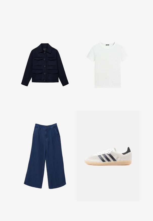 Marineblå uldjakke med krave, fire klaplommer, lange ærmer og fem sorte forknapper.; Almindelig hvid T-shirt med korte ærmer, rund halsudskæring og lille sort label inden i kraven.; Bredde ben denim bukser i mørkeblå. Har to forlommer, en knappelukning og en glat tekstur med et let materiale.; Hvide mesh-sneakers med sort tre-stribet design, rundet tå og gummisål. Har blød hælkant og snørelukning.