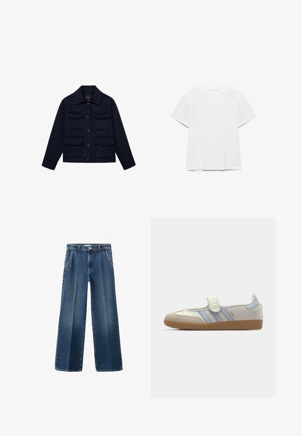 Marineblå uldjakke med krave, fire klaplommer, lange ærmer og fem sorte forknapper.; Hvid, kortærmet T-shirt med rund hals og lige kant, vist på en hvid baggrund.; Bredbenede blå denimjeans med høj talje, der har forlommer, knaplukning og et let falmet mønster på stoffet.; adidas Originals SAMBA JANE BALLERINA - Ballerinasko m/ rem - cloud white/halo blue