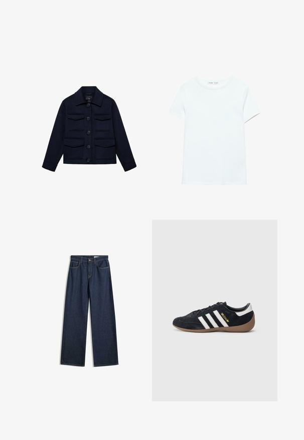 Marineblå uldjakke med krave, fire klaplommer, lange ærmer og fem sorte forknapper.; Ensfarvet hvid kortærmet bomuldst-shirt med rund hals, vist fladt på hvid baggrund, uden synlige mønstre eller logoer.; Bredde ben mørke denimjeans med fem lommer, synlig syning og knaplukning. Har en lige pasform og let slid.; Sort ruskindssneaker med tre hvide striber, gummisål og et lille gyldent logo på siden. Har en glat sort foring indvendigt.