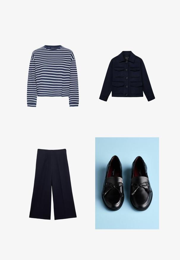 Marineblå uldjakke med krave, fire klaplommer, lange ærmer og fem sorte forknapper.; Marineblå langærmet top med hvide vandrette striber, rund halsudskærkning og cropped kant. Stoffet ser blødt ud med en tekstureret finish.; Navyblå vidde bukser med frontrynke, høj talje og lynlås lukning i siden, lagt fladt på hvid baggrund.; Sorte læderloafer med en glat tekstur, der har en sløjfedetalje og kvaster på vampsiden, designet med en rund form.