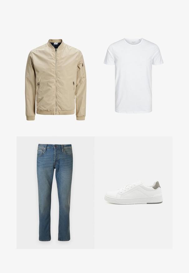 Hellbeige Bomberjacke aus glattem Stoff. Verfügt über einen Frontreißverschluss, zwei seitliche Taschen und eine mit Reißverschluss verschlossene Armtasche.; Rundhals-T-Shirt mit kurzen Ärmeln in reinem Weiß, aus weicher Baumwolle, mit einem schlichten Design ohne sichtbare Muster oder Akzente.; Straight-leg blaue Jeans aus Denim mit Vordertaschen, Gürtelschlaufen und Knopfverschluss auf einfarbigem Hintergrund.; Weißer Sneaker aus glattem Leder, runde Zehenpartie, minimalistisches Design, graue Fersenkante und strukturierte Gummisohle.