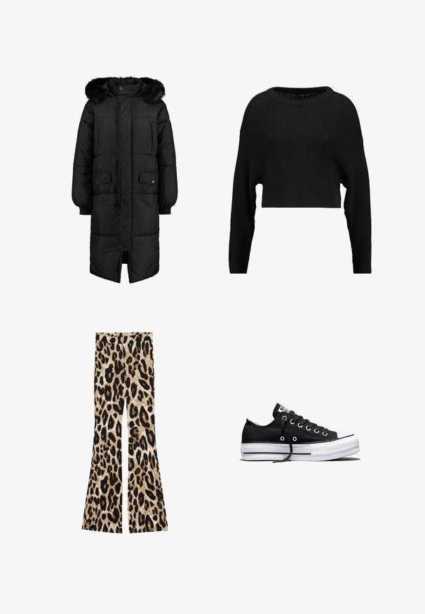 Schwarze gepolsterte Jacke mit Kapuze aus Kunstfell. Hat eine lange Länge, einen Reißverschluss auf der Vorderseite und zwei Fronttaschen. Strukturiertes, gestepptes Design.; Schwarzer, kurzer Strickpullover mit lockerer Passform, weitem Ausschnitt und langen Ärmeln, der ein strukturiertes Rippmuster aufweist.; Schlaghosen mit einem Leopardenmuster in Schwarz- und Brauntönen, gerippter Textur und hohem Taillendesign.; Schwarzer Canvas-Sneaker in Low-Top-Form mit weißer Gummisohle auf Plateau, schwarzen Schnürsenkeln und Metallösen vor weißem Hintergrund.
