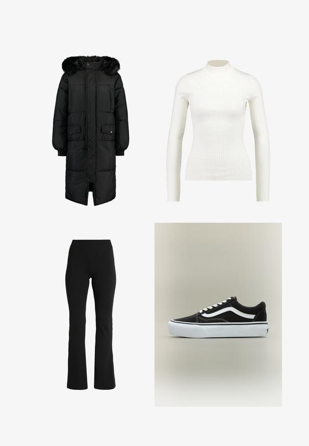 Manteau noir matelassé avec une capuche en fausse fourrure. Il présente une longueur longue, une fermeture éclair à l'avant et deux poches avant. Design texturé et matelassé.; Haut à col roulé long à manches longues en blanc côtelé, au design ajusté et à la texture lisse, avec un col haut et une silhouette élancée.; Pantalons évasés noirs en tissu extensible. Dotés d'une taille large et d'une texture lisse, conçus pour épouser étroitement les hanches.; Baskets basses noires avec bande blanche latérale, lacets blancs, semelle en caoutchouc blanche et bout texturé sur fond neutre.
