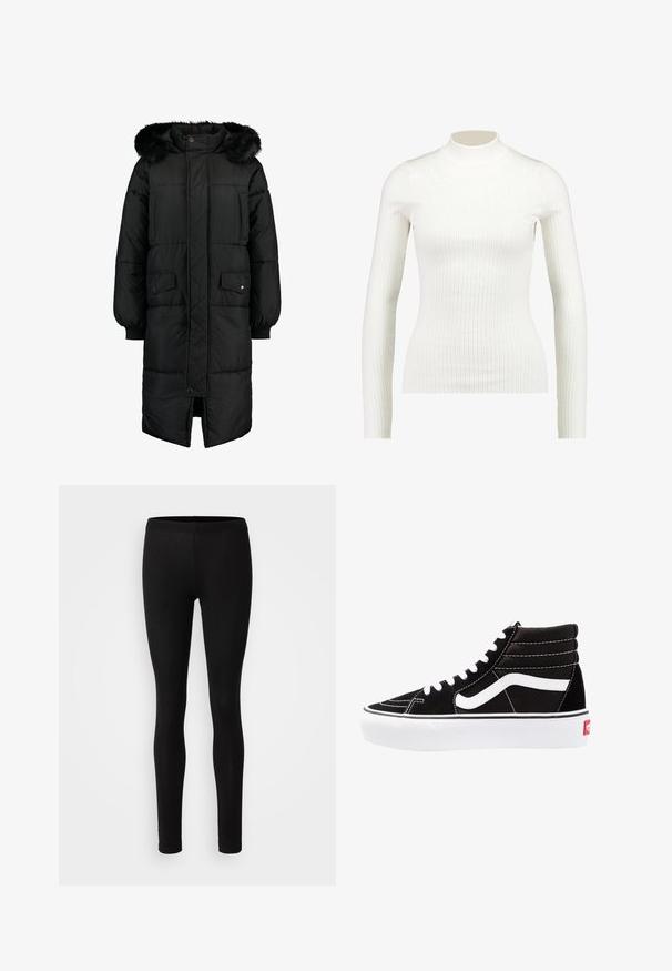 Schwarze gepolsterte Jacke mit Kapuze aus Kunstfell. Hat eine lange Länge, einen Reißverschluss auf der Vorderseite und zwei Fronttaschen. Strukturiertes, gestepptes Design.; Gestreiftes, weißes Langarm-Turtleneck-Oberteil mit tailliertem Design und glatter Textur, das einen hohen Kragen und eine schmale Silhouette aufweist.; Schwarze Leggings aus einem weichen, dehnbaren Material. Sie haben eine schlanke Passform mit einem elastischen Bund und einer glatten, matten Textur.; Schwarze High-Top-Sneaker mit weißen Schnürsenkeln, einem weißen Logo und kontrastierendem weißen Nähten. Verfügt über eine dicke weiße Sohle und ein strukturiertes Wildleder-Obermaterial.