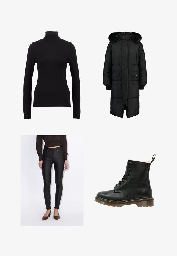 Sort polstret frakke med en faux fur hætte. Har en lang længde, lynlås foran og to forlommer. Tekstureret, quiltet design.; Sort turtleneck sweater lavet af blød stof, med lange ærmer og en tætsiddende silhuet. Enkel design uden synlige mønstre eller dekorationer.; Kvinde iført sorte høj-taljede skinny bukser, en kropsnær mørkebrun knapbluse og brune spidse hæle.; Sort læder ankelstøvle med en blød hvid foring, rund tå, seks øjes lacing, gul syning og en gennemsigtig gummisål.