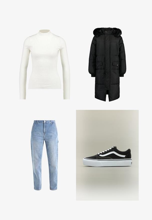 Manteau noir matelassé avec une capuche en fausse fourrure. Il présente une longueur longue, une fermeture éclair à l'avant et deux poches avant. Design texturé et matelassé.; Haut à col roulé long à manches longues en blanc côtelé, au design ajusté et à la texture lisse, avec un col haut et une silhouette élancée.; Jean en denim bleu clair avec taille haute, jambe fuselée, cinq poches et fermeture à bouton en métal classique. Texture légèrement délavée sur l'ensemble.; Baskets basses noires avec bande blanche latérale, lacets blancs, semelle en caoutchouc blanche et bout texturé sur fond neutre.