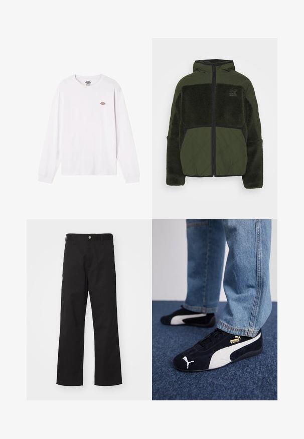 Gequilte groene jas met een pluche, zachte textuur op de mouwen en het bovenste deel van de voorkant, zwarte accenten, capuchon en ritssluiting. Maat niet gespecificeerd.; Witte lange mouwen T-shirt van katoen. Bevat een klein rond meervleugelig logo op de borst. Eenvoudig ontwerp met ribgebreide manchetten.; Zwarte broek van duurzame stof met een rechte pasvorm, voorzien van een knoopsluiting aan de voorkant, riemlussen en zonder zichtbare patronen of accenten.; Zwarte suède sneakers met witte accenten, voorzien van een gouden logo. Gemaakt met lichtblauwe spijkerbroek en geplaatst op een textuur blauwe ondergrond.