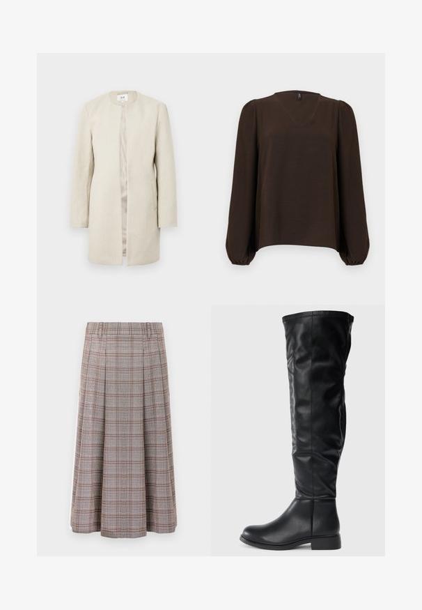 Manteau beige à silhouette droite, sans col, doté de manches longues et de poches latérales ; tissu texturé avec un léger éclat.; Blouse marron foncé avec col en V, manches longues bouffantes resserrées aux poignets, et une coupe légèrement ample.; Jupe midi plissée en motif écossais marron et gris, fabriquée dans un tissu texturé. Elle possède une ceinture et tombe jusqu'au mollet.; Bottes noires montant jusqu'aux genoux en cuir lisse, avec un bout rond, un petit talon bloc et un tige légèrement fléchie avec des détails de coutures.