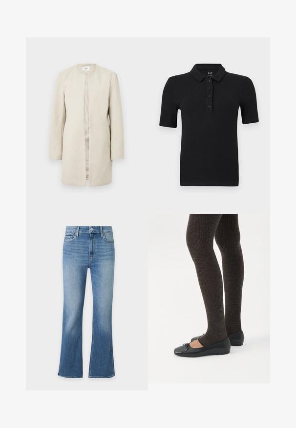 Manteau beige à silhouette droite, sans col, doté de manches longues et de poches latérales ; tissu texturé avec un léger éclat.; Polo noir à manches courtes côtelé avec quatre boutons et un col plié, posé à plat sur un fond blanc.; Jean en denim bleu avec une taille haute, fermeture devant par bouton et zip, poches avant, et jambes légèrement évasées.; Jambes portant des leggings côtelés foncés associés à des ballerines noires avec de petits détails en nœud sur fond blanc.