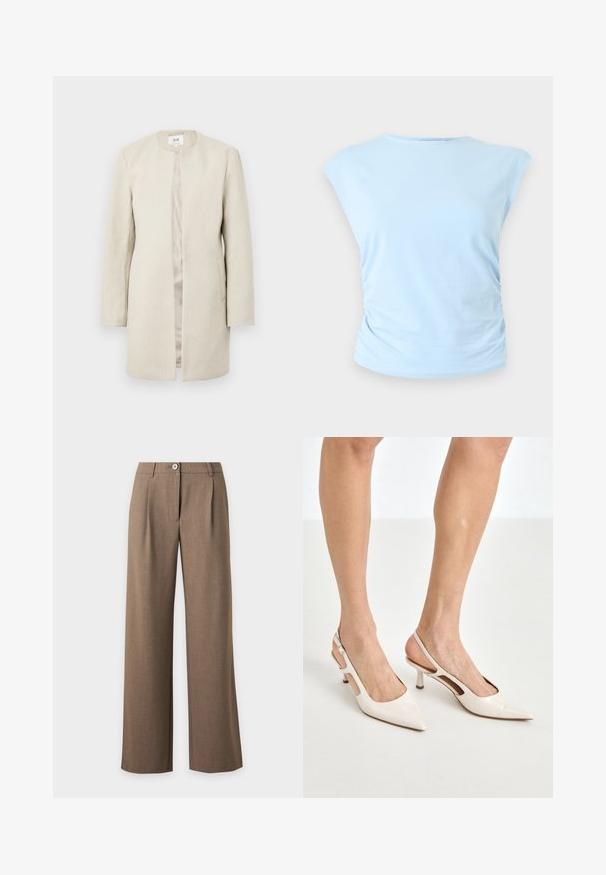 Beige frakke med en lige silhuet uden krave, med lange ærmer og sidelommer; tekstureret stof med en subtil glans.; Lyseblå ærmeløs top med rund halsudskæring og subtil sidesamling på en neutral baggrund.; Brune højtaljede bukser med vide ben, knap- og lynlåslukning samt forreste plisseringer på en ensfarvet lys baggrund.; Beige patenterede læder slingback hæle med spids tå og 5 cm hæl, med udskårne sider og en tynd ankelrem.