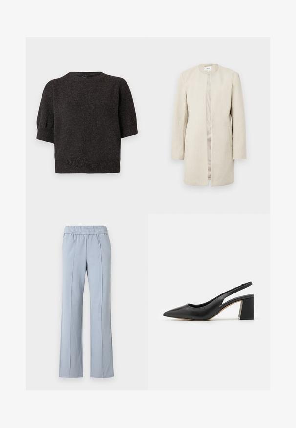 Manteau beige à silhouette droite, sans col, doté de manches longues et de poches latérales ; tissu texturé avec un léger éclat.; Pull court à manches courtes gris foncé, texture tricotée, ourlet côtelé, col rond et manches légèrement bouffantes, fabriqué en tissu doux et confortable.; Pantalon bleu clair avec une taille élastique, une coupe droite et des plis sur le devant. Fabriqué en tissu doux avec une texture lisse.; Escarpin slingback en cuir noir avec un bout pointu, un design découpé et un talon bloc épais. Texture lisse avec une esthétique minimaliste.