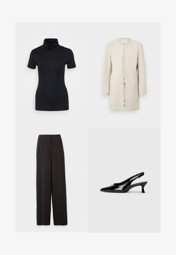Beige frakke med en lige silhuet uden krave, med lange ærmer og sidelommer; tekstureret stof med en subtil glans.; Sorte ribbede turtleneck top, korte ærmer, tætsiddende design, blød tekstur, minimale sømme og en høj krave.; Sorte vidde bukser med høj talje, med flad front og skjult lukning, vist mod en ensfarvet lys baggrund.; Sorte patenterede slingback-sko med spidse tæer og lav blokhæl. Justerbar spænde-rem ved anklen.