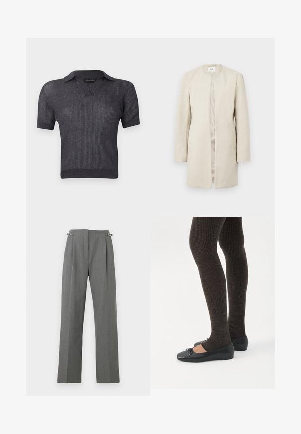 Manteau beige à silhouette droite, sans col, doté de manches longues et de poches latérales ; tissu texturé avec un léger éclat.; Haut court à manches courtes en maille côtelée gris foncé avec un col en V et un ourlet ajusté, étiquette Anna Field.; Pantalon gris plissé à rayures verticales, coupe droite, avec des accents argentés près de la ceinture. Confectionné en tissu texturé.; Jambes portant des leggings côtelés foncés associés à des ballerines noires avec de petits détails en nœud sur fond blanc.