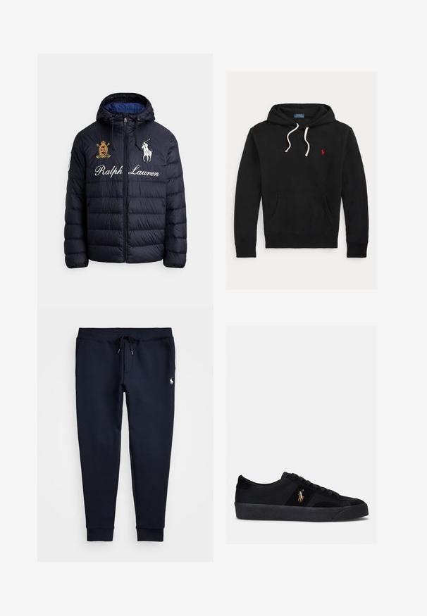 Tumesinine tikitud tihenahast jope kapuutsiga, esil lukuga, tikandiga polo mängija logoga, tekstiga "Ralph Lauren" ja vapi plaastriga rinnal.; Must kapuutsiga dressipluus valgete paeltega, eesmine tasku ja väike punane Polo Ralph Laureni logo rinnal.; Meresinised dressipüksid nööriga vöökohas, küljetaskud, kummiga pahkluudes ja väike valge hobuse logo paremal reiel.; Mustavad tossud, mille pealsel on kangas ja nahaefekt, ümar varvas, lame kummist tald ja tikitud logo küljel. Sidumisdisain kuue silmadega.