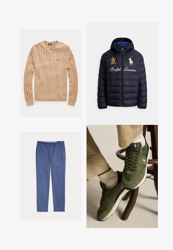 Marineblaue gesteppte Steppjacke mit Kapuze, Frontreißverschluss, besticktem Polo-Spieler-Logo, "Ralph Lauren"-Schriftzug und Wappenaufnäher auf der Brust.; Beiger, kabelgestrickter Rundhalspullover mit langen Ärmeln und kleinem blauem Polo Ralph Lauren-Logo auf der linken Brust.; Blaue Hose mit geradem Bein, Gürtelschlaufen, Knopfverschluss vorne und Seitentaschen, flach auf weißem Hintergrund gelegt.; Füße, die olivgrüne Sneakers mit weißen Socken und beigen Hosen tragen und auf einer Holzstuhllehne vor schlichtem Hintergrund ruhen.