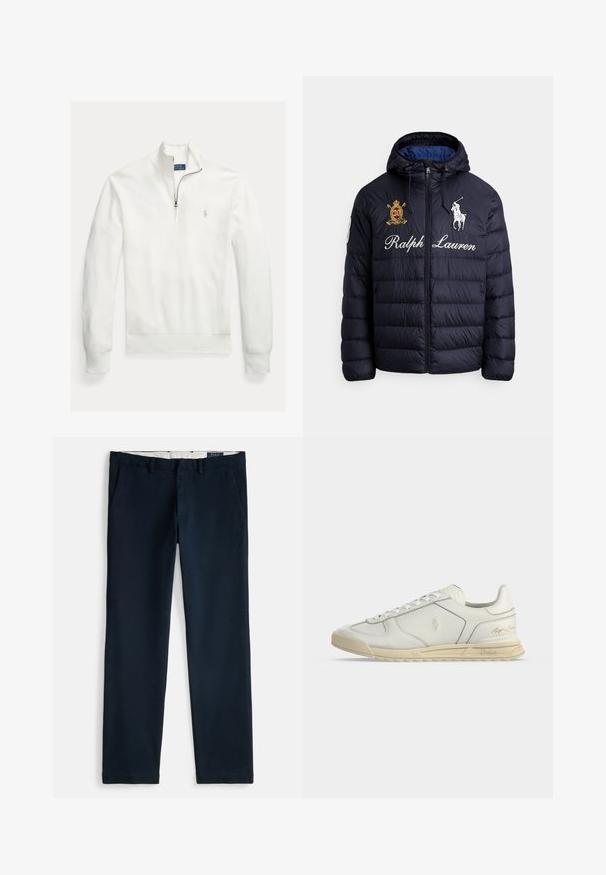 Mørkeblå quiltet dunjakke med hætte, lynlås foran, broderet polo-spillerlogo, "Ralph Lauren" tekst og våbenskjold-patch på brystet.; Hvid, langærmet pullover-sweatshirt med en lynlåsskrave, vævet tekstur og et lille, gråt broderet logo på venstre bryst.; Marineblå chinos med lige ben, skrå forlommer, bæltestropper og hvidt inderfoer.; Hvid lavtop lædersneaker med beige sål, snørebånd foran og Polo Ralph Lauren logoer prægede på siden og hælen.