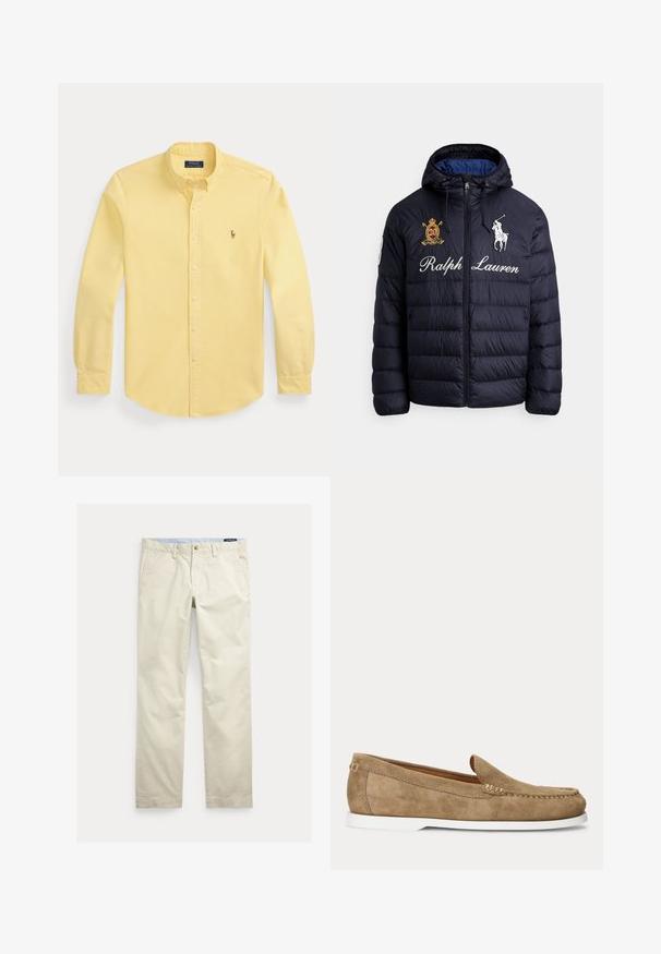 Marineblaue gesteppte Steppjacke mit Kapuze, Frontreißverschluss, besticktem Polo-Spieler-Logo, "Ralph Lauren"-Schriftzug und Wappenaufnäher auf der Brust.; Gelbes langärmliges Hemd mit Knöpfen und Kragen sowie kleinem besticktem Logo auf der linken Brust, flach auf weißem Hintergrund gelegt.; Beige Baumwollhosen mit geradem Bein, Gürtelschlaufen, vorderem Knopf, Reißverschluss und Seitentaschen.; Hellbrauner Wildleder-Mokassin im Mokassin-Stil mit weißer Sohle und sichtbarer Naht entlang der Vorderseite und Seiten, seitlich gezeigt.