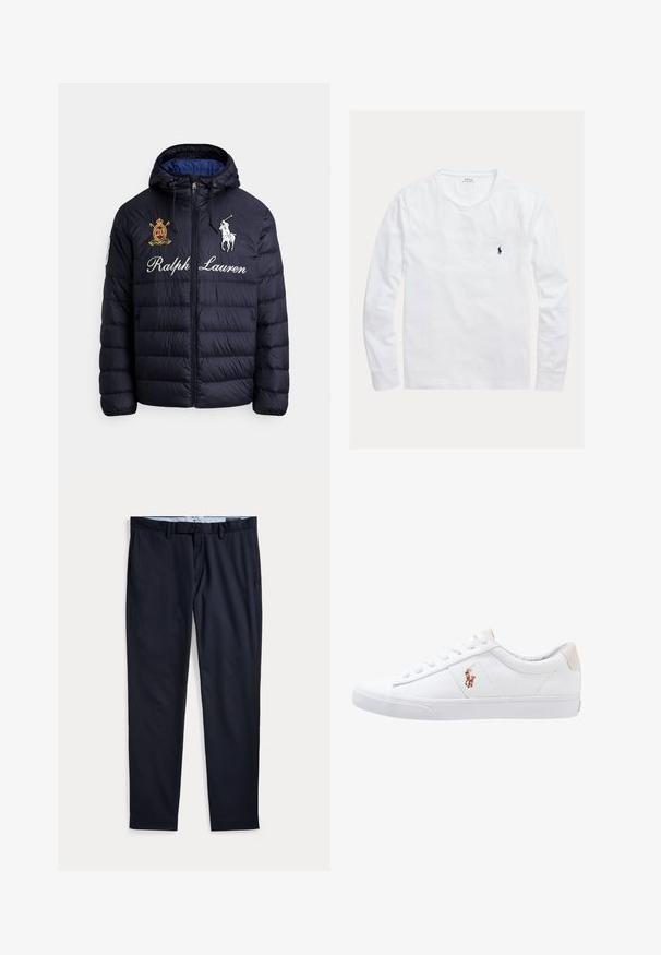 Tumesinine tikitud tihenahast jope kapuutsiga, esil lukuga, tikandiga polo mängija logoga, tekstiga "Ralph Lauren" ja vapi plaastriga rinnal.; Valge pikama-särgi, ümar kaelusega, vasakul rinnal väike tumesinine Polo Ralph Laureni tikitud logo.; Meri sinist värvi meeste pidulikud püksid, millel on vööaasad, luku ette, ja küljetaskud, lamades valgel taustal.; Valge kanvasest tennis, madala lõikega disain, millel on beež kontsapink ja väike tikitud logo küljel. Kummi välissole.