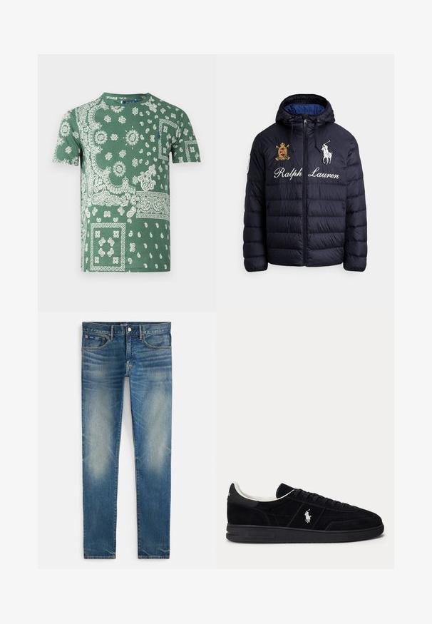 Tumesinine tikitud tihenahast jope kapuutsiga, esil lukuga, tikandiga polo mängija logoga, tekstiga "Ralph Lauren" ja vapi plaastriga rinnal.; Roheline puuvillane T-särk, millel on keerukad valged paisley ja lillemustrid, ümmargune kaelus ja lühikesed varrukad.; Sinised tuhm koosseisuga kitsad teksad, nööbi ja tõmbluku kinnitusega, esikülje taskud ja väike münditasku, esitage valgel taustal lahtiselt.; Mustad madala lõuaga toss mustade paelte, valge voodri ja valge Polo Ralph Laureni logoga küljel ja kannal.