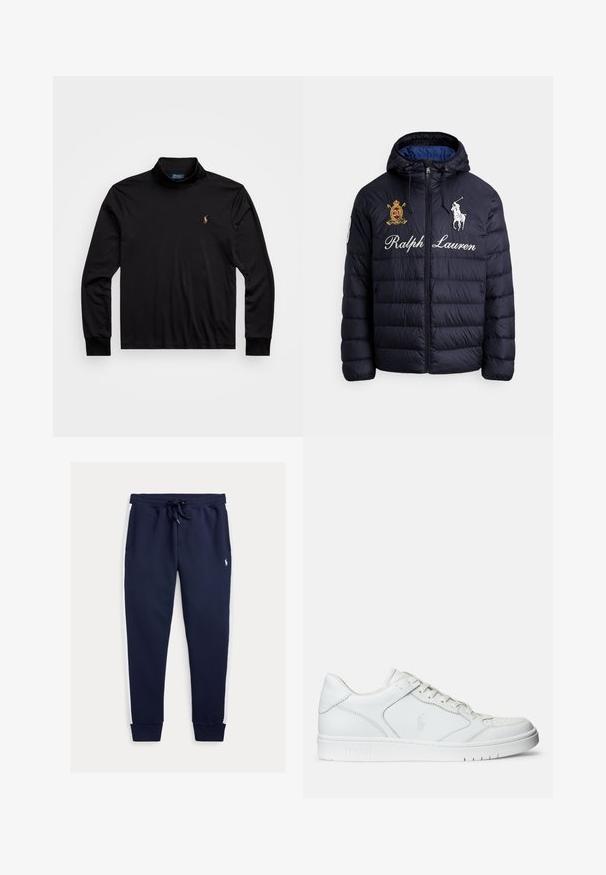 Tumesinine tikitud tihenahast jope kapuutsiga, esil lukuga, tikandiga polo mängija logoga, tekstiga "Ralph Lauren" ja vapi plaastriga rinnal.; Must have pikkade varrukatega must polo särk, millel on kõrgem krae. Valmistatud siledast kangast, vasakul rinnal on väike tikitud logo.; Tumesinised dressipüksid valgete küljetega, elastse vöökoha ja paelaga, soonikkoes mansettidega ning väikese tikitud logoga ülevaljalal.; Valged nahast spordijalatsid siledast materjalist, millel on ventilatsiooniga varvas, paelad ja kõrvale brodeeritud logo. Valge kummitald.