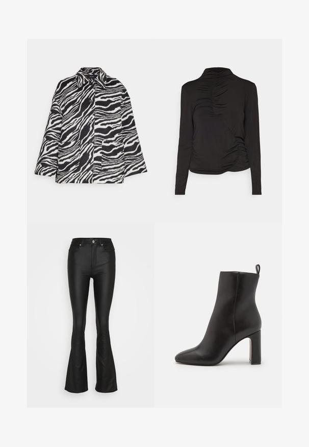 Vero Moda VMZEBRA JACKET - Letná bunda - black/bright white; ONLY ONLBEA HIGH NECK RUCHING TOP - Top s dlhým rukávom - black; ONLY ONLPAOLA FLARED - Nohavice - black; Čierne kožené členkové topánky s špicatou špičkou, cylindrickým vysokým podpätkom a slučkovou pútkom na zadnej strane pre jednoduché obúvanie. Hladká textúra.