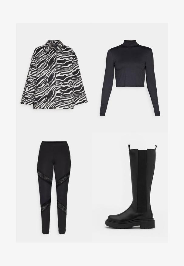 Vero Moda VMZEBRA JACKET - Leichte Jacke - black/bright white; ONLY ONLEA OPEN BACK - Langarmshirt - black; Schwarze Leggings mit dreieckigen Ausschnitten, die an den Seiten mit schwarzer Spitze akzentuiert sind. Sie bestehen aus einem dehnbaren Stoff mit passgenauer Passform.; Schwarze knielange Stiefel mit einem glatten Lederaußenmaterial, elastischen Seitenpaneelen, runder Zehenpartie und einer dicken schwarzen Gummisohle.