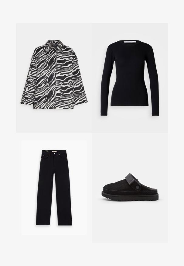 Vero Moda VMZEBRA JACKET - Leichte Jacke - black/bright white; Schwarzes Langarmoberteil aus geripptem Stoff. Hat einen runden Halsausschnitt und eine schmale Passform. Keine Muster oder Verzierungen. Einfaches Design.; Schwarze Denim-Jeans mit geradem Schnitt, fünf Taschen, Kupferbeschlägen und einer glatten Textur. Zwei Etiketten sind am Bund sichtbar.; Schwarze Wildleder-Pantoletten mit runder Zehenpartie, weichem Material, verstellbarem Riemen und dicker Gummisohle mit strukturiertem Profil für besseren Halt.